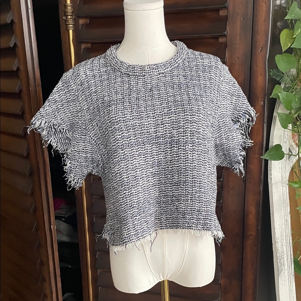 IRO Cropped Tweed Blue Black Raw Hem Top 38 Small Medium - Picture 3 of 9